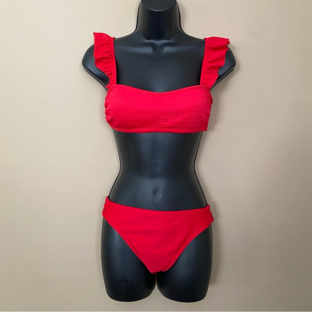 Solid Red Textured Ruffle Strap Bikini - image 1